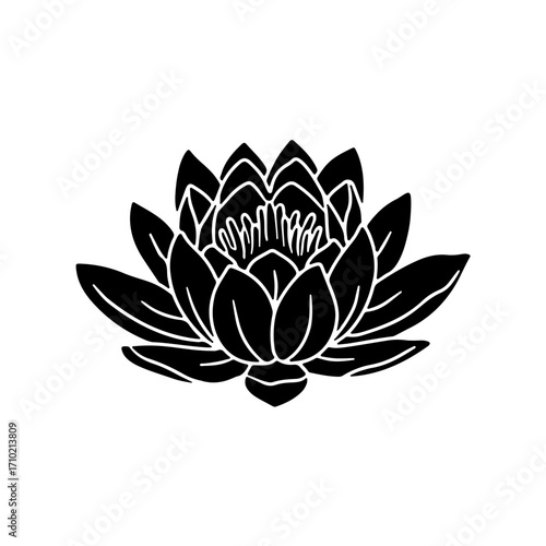 Hand drawn lotus flower black silhouette vector illustration isolated on white background