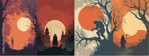 Flat vector halloween backgrounds with creepy halloween silhouettes