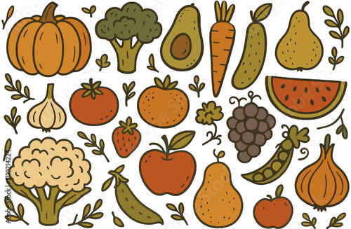 Colorful flat fruit and vegetable pattern with autumn harvest theme