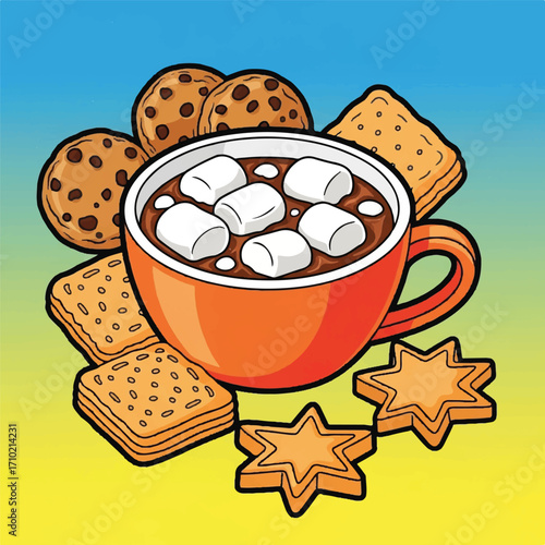 Flat lay illustration of a mug filled with hot chocolate and marshmallows surrounded by cookies and crackers on a colorful gradient background.