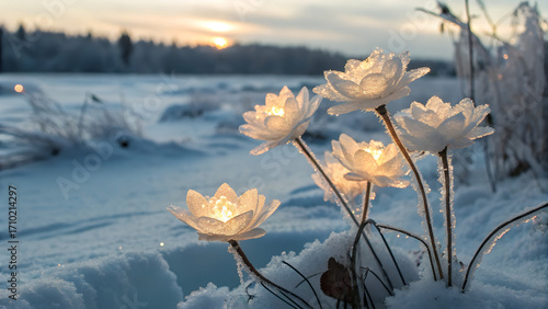 Illuminated flowers stand out against a snowy landscape at sunset creating a winter wonderland scene