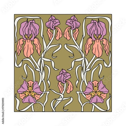 Art nouveau style modern hand drawn iris flowers symmetrical composition on mustard background