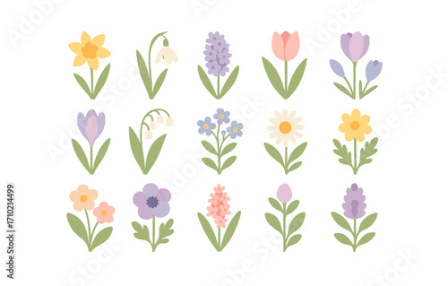 Charming flat style spring flowers collection on white background