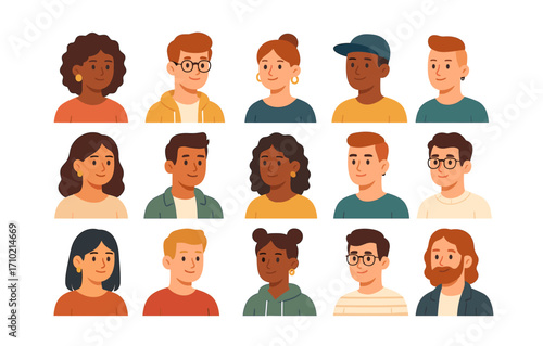 Diverse group of cartoon style people with different hairstyles and accessories