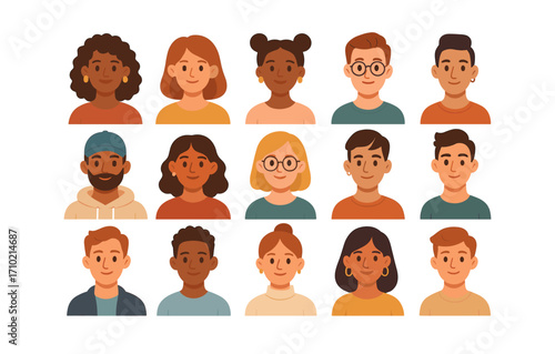 Diverse avatar set featuring people of different ethnic backgrounds in flat style