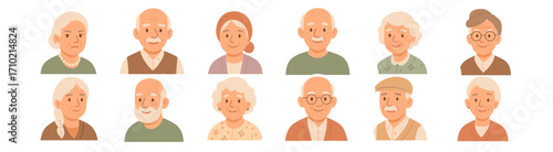 Charming cartoon portraits of elderly individuals with warm expressions on white background