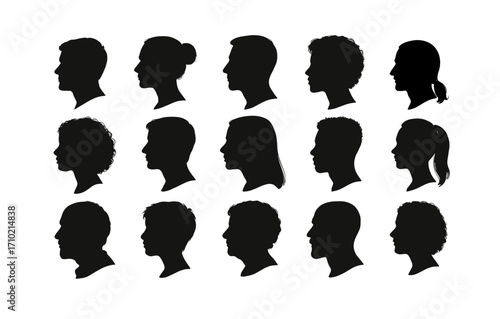 Diverse human silhouettes in profile view showcasing varied hairstyles and genders