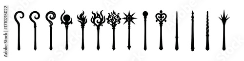 Collection of magic wands in bold silhouette style for fantasy themes