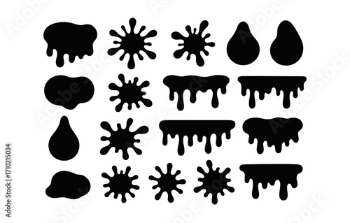 Dripping and splatter ink shapes set in black silhouette style