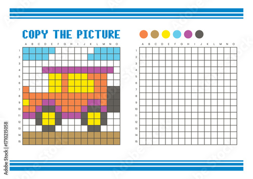 Copy the picture grid drawing worksheet for kids. Pixel art classic car