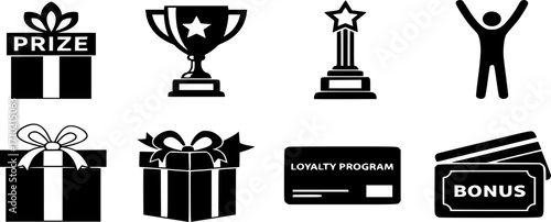 Reward icon set vector. Success icon, Contains icons prize, trophy, winner, gift, loyalty program, bonus card illustration