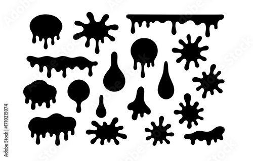 Set of dripping and splatter silhouette shapes for design projects