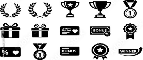 Reward icon set vector. Success icon, Contains icons prize, trophy, winner, gift, loyalty program, bonus card illustration