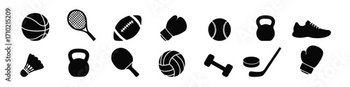 Sports equipment icons: basketball, tennis, boxing, and more in silhouette style