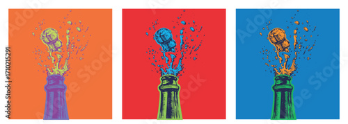 Hand drawn Illustration of Champagne explosion. Vector Illustration. Pop Art. Modern art