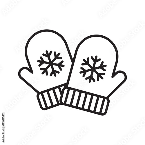 Pair of warm winter mittens with snowflake design. Simple black and white line art icon. Vector illustration for Christmas, holiday, and cold weather apparel.
