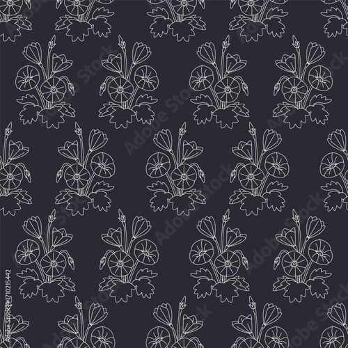 Seamless pattern with black and white canary islands flowers mallow bindweed in vintage millefleur style