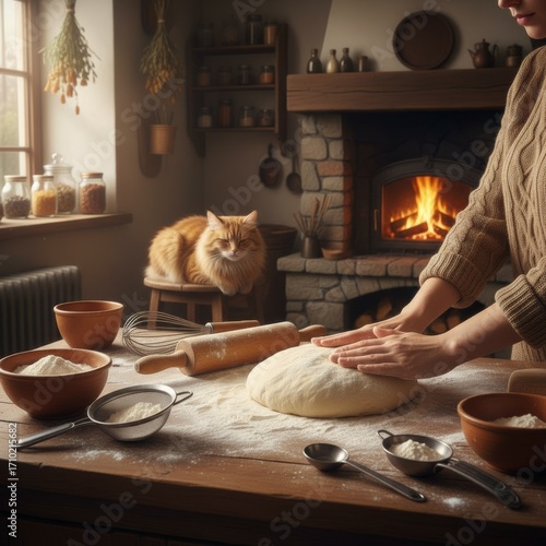 Cozy kitchen scene with a baker kneading dough by a warm fireplace while a ginger cat peacefully observes