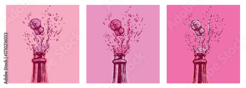 Hand drawn Illustration of Champagne explosion. Vector Illustration. Pop Art. Modern art