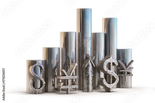 Dynamic metallic currency symbols like dollar and yen rise against a backdrop of sleek, modern financial growth bars and economic charts