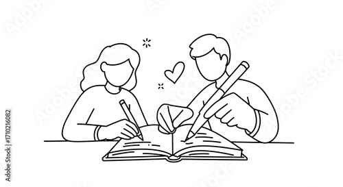 A man and woman sitting at a table writing for digital design, illustration, visual communication, or stock photography