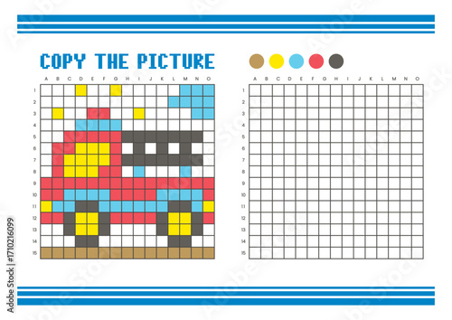 Copy the picture grid drawing worksheet for kids. Pixel art fire truck