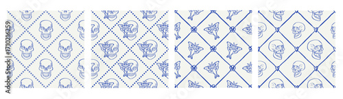 Halloween seamless pattern set with hand drawn floral skulls with luna moths inside trellis