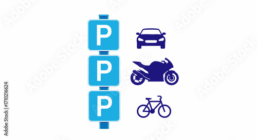 Parking sign illustration featuring cars, motorbikes, and bicycles with parking spot symbols to easily show where to park
