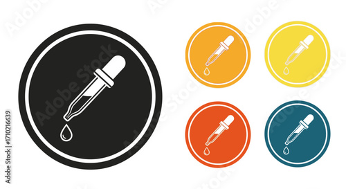 A set of colorful dropper icons representing scientific research and laboratory analysis. Vector illustration of a pipette with a liquid drop for medical or chemical concepts