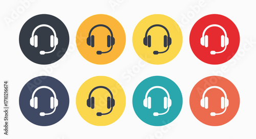Customer service headset icons in different color variations for online support or communication