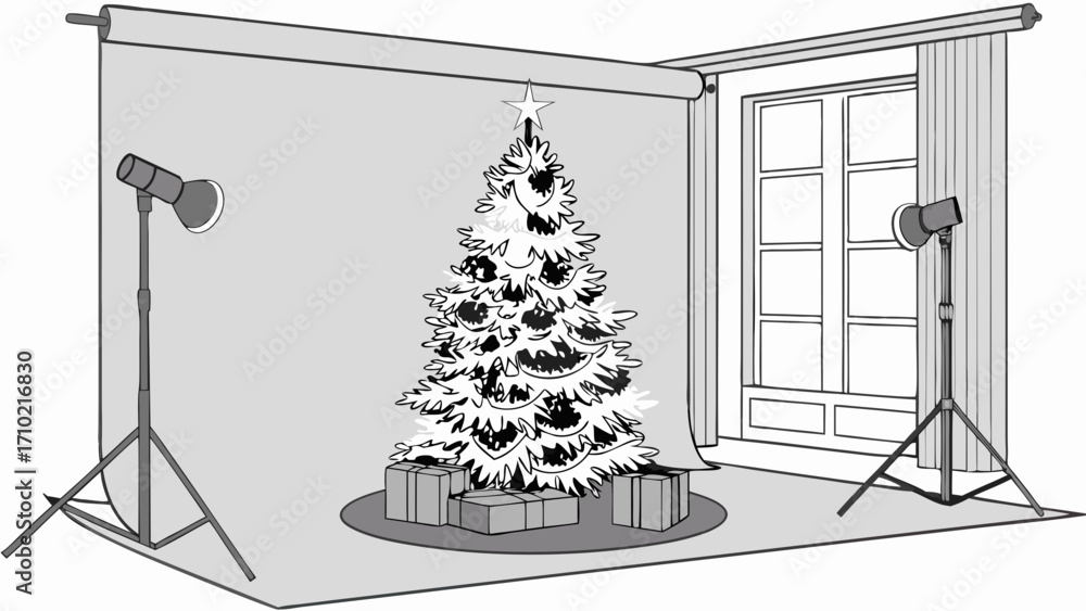 Fototapeta premium Studio Setup with Christmas Tree and Lighting Equipment for Holiday Photography.