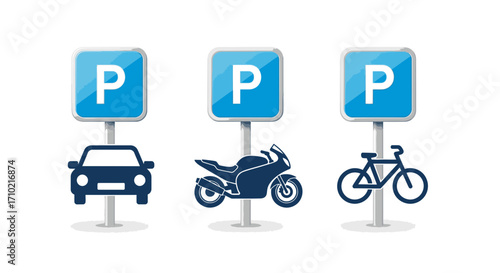 Illustrated set of blue parking signs indicating designated areas for cars, motorcycles, and bicycles