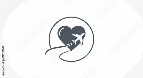 Modern graphic illustration of an airplane journeying from a stylized heart, representing a deep affection for exploration and global adventures, ideal for travel-related branding