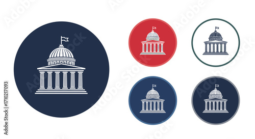 Government building icon set with classical architecture. Flat vector illustrations of a capitol, courthouse, or city hall for political and legal concepts