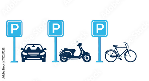 Parking Area for Different Vehicles Car, Scooter, and Bicycle Illustration