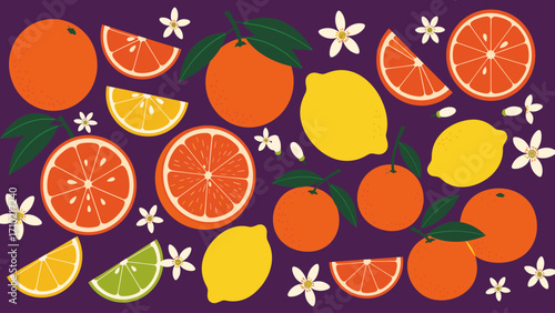 Vibrant Citrus Fruits, Slices, and Blossoms Pattern on Purple Background