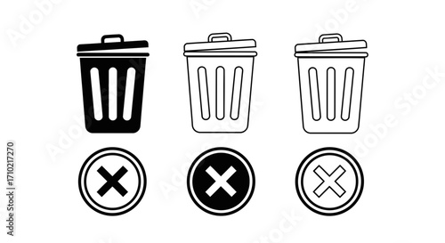 Deletion and Cancellation Icons Trash Can with X Symbols Vector Set
