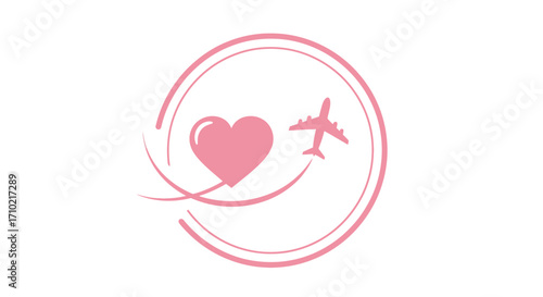 Simple pink logo icon featuring a heart and an airplane within a circular frame, symbolizing a love for travel or a romantic journey