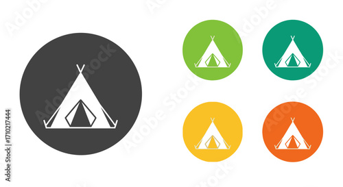 Simple flat design vector icon set of a teepee tent in colorful circles, representing camping, travel, and outdoor recreation
