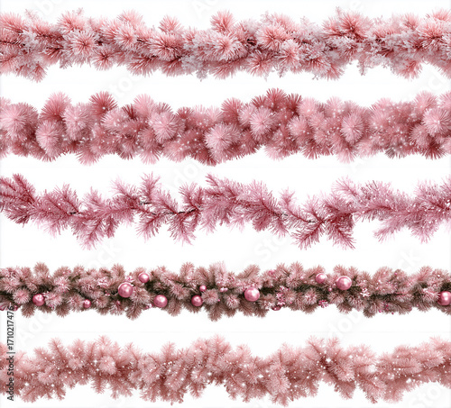 Set of Christmas festive garland with red and pink pine branche isolated on a white background. Fir green branches are decorated. Christmas decor. AI generation