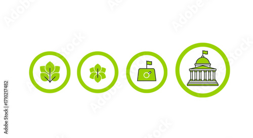 Lime Green Circle Icons Depicting Nature, Travel, and Government
