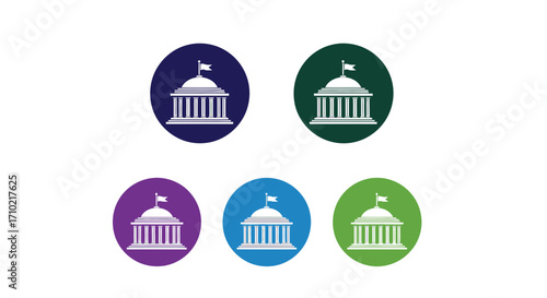 Collection of government building icons in five different colors, symbolizing democracy and public service