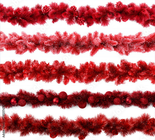 Set of Christmas festive garland with red and pink pine branche isolated on a white background. Fir green branches are decorated. Christmas decor. AI generation