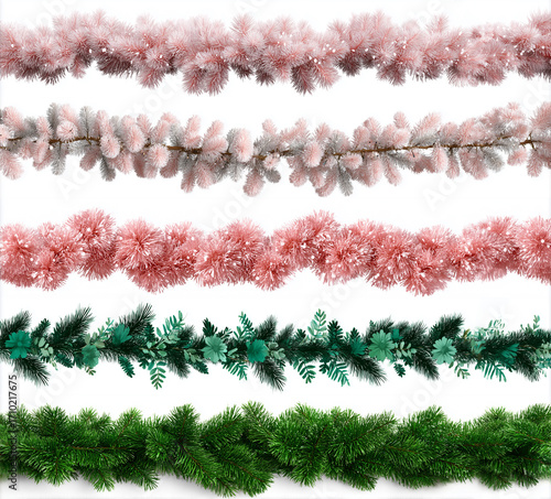 Set of Christmas festive garland with pink and green branche isolated on a white background. Fir green branches are decorated. Christmas decor. AI generation