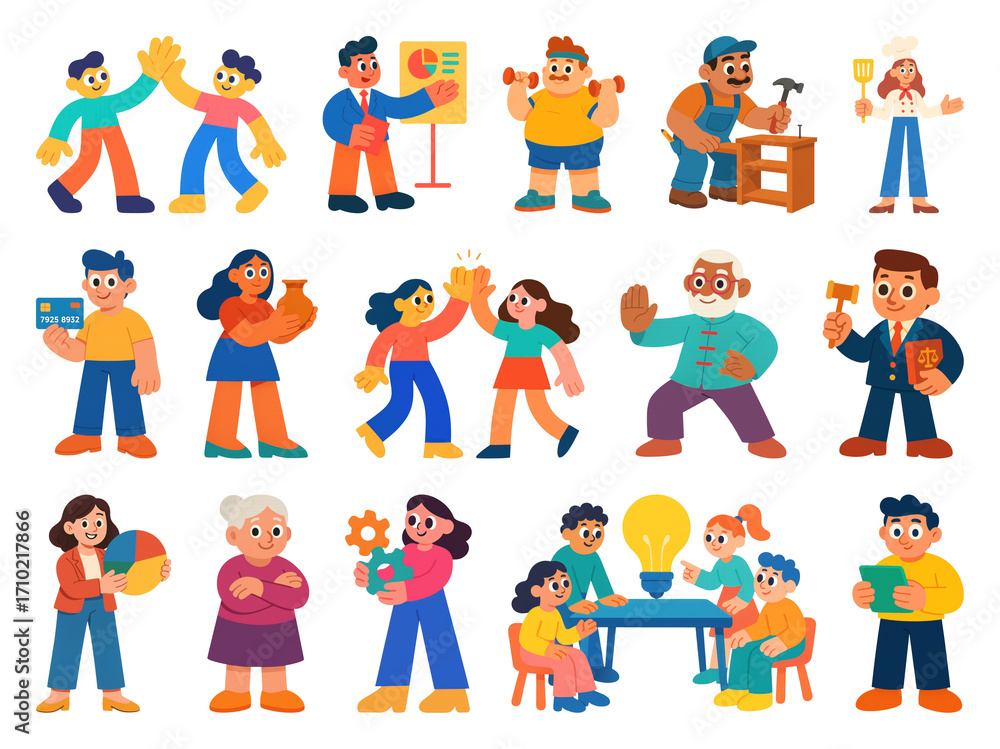 Fototapeta premium PNG Colorful cartoon characters in professions, element set on transparent background