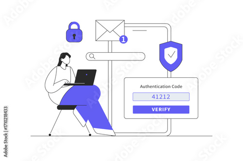 2-Step authentication. Woman Character with laptop and phone sms. Flat Cartoon Vector Illustration, icon Stylish abstract design landing page web, mobile applications, posters and banners