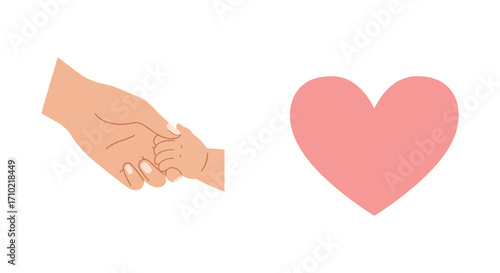 A tender hand holding a smaller hand with a red heart symbol