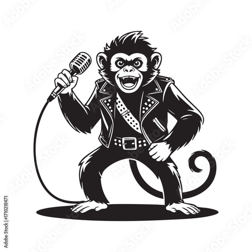 Rockstar Monkey Cartoon Mascot with Microphone and Leather Jacket Illustration in Black and White