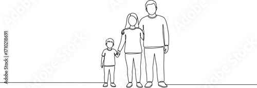 Continuous line drawing happy family illustration with father mother and child standing together, minimal outline sketch art, parenting love concept