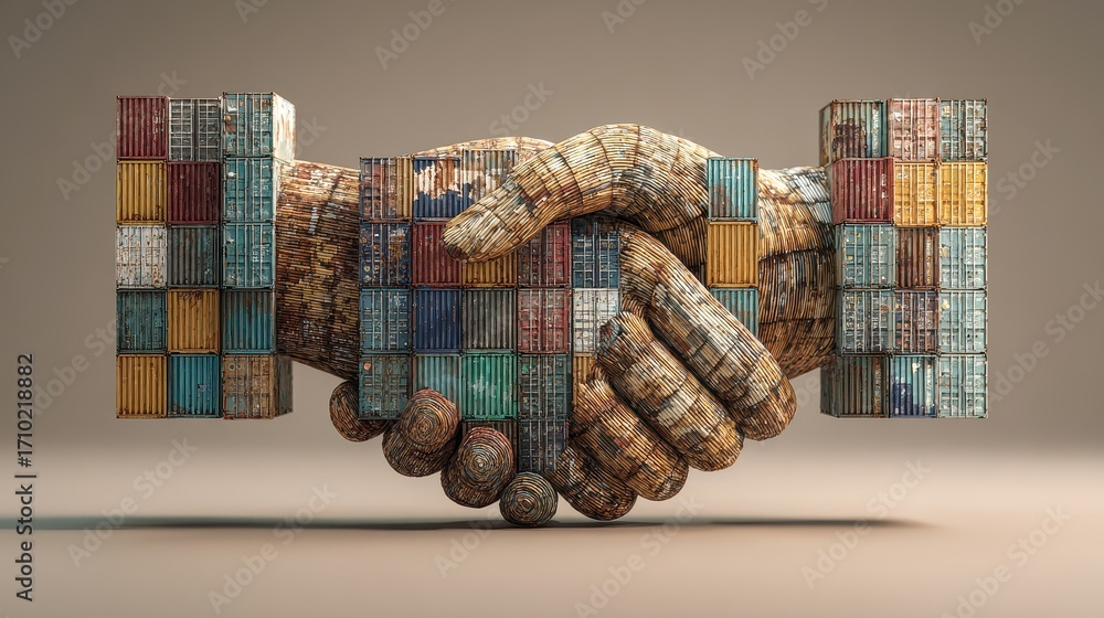 Obraz premium Import-export collaboration, handshake made of shipping containers, 3D illustration.